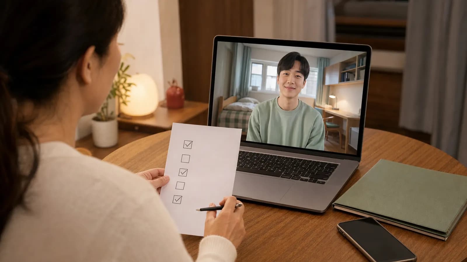 Orang tua mendiskusikan persiapan dengan mahasiswa dewasa melalui panggilan video sambil menandai daftar periksa kosong.