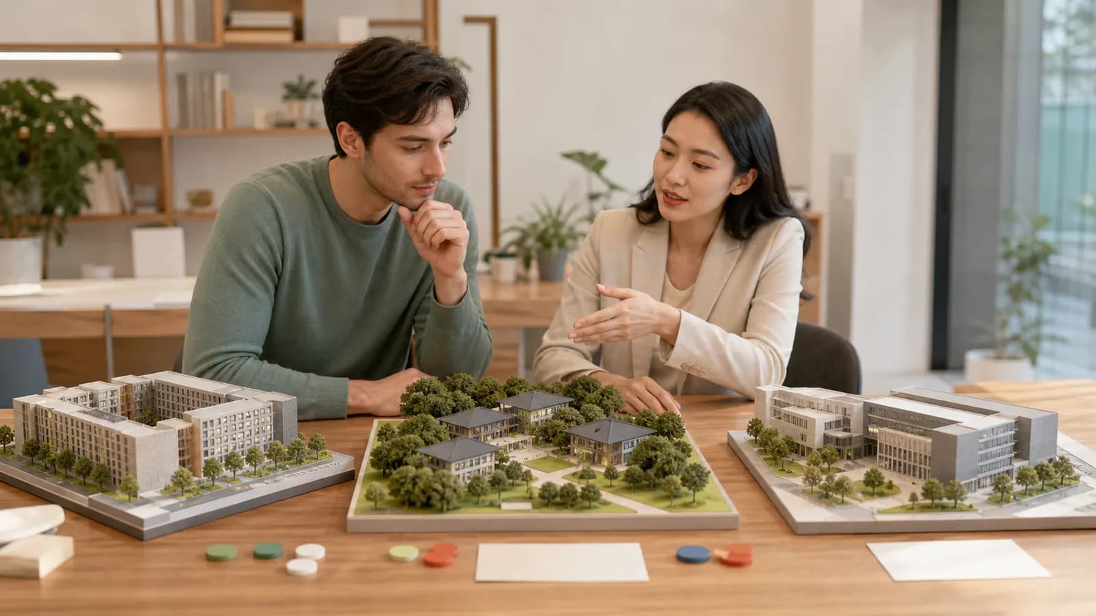 Un solicitante y un asesor comparan tres maquetas de campus universitarios ficticios.